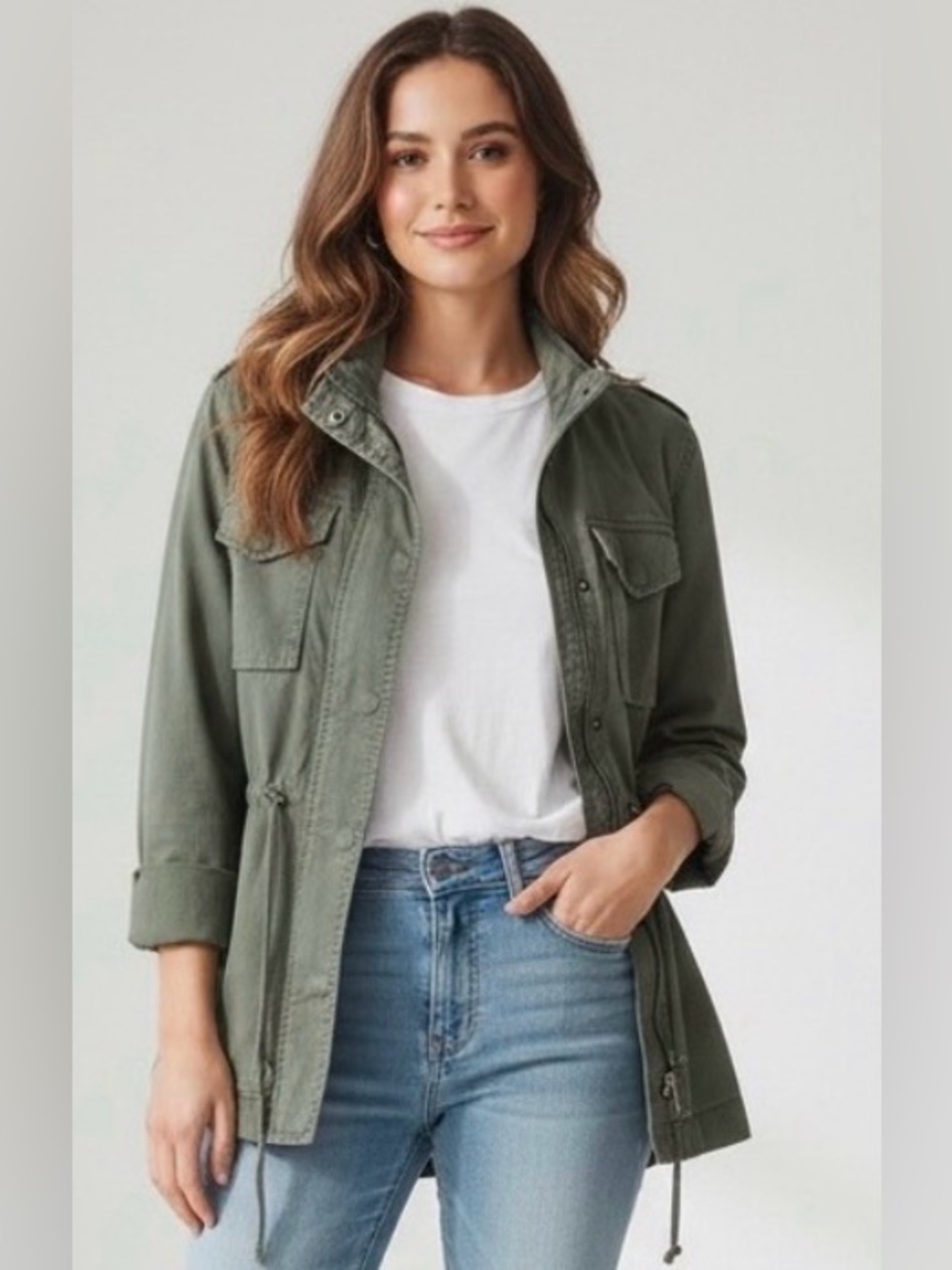 Style & Co green/teal hip length jacket, drawstring, snaps/zipper, brand new, S